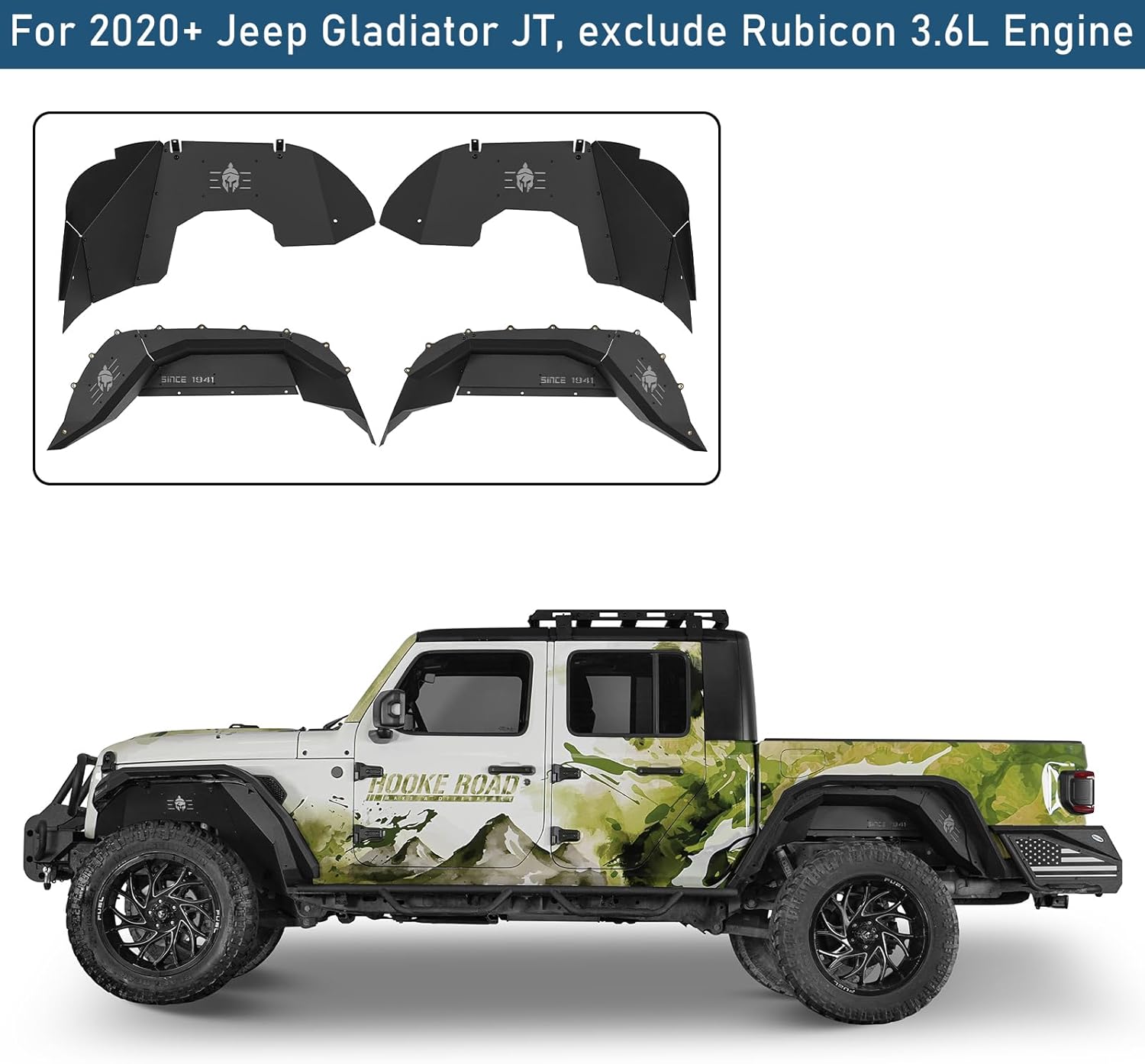 Hooke Road Aluminum Gladiator JT Front & Rear Inner Fender Liners Kit for 2020-2026 Jeep Gladiator JT (Exclude Rubicon 3.6L Engine), 4PCS Wheel Well Liner Mud Guard Covers