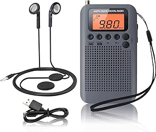 Pocket Portable AM FM Radio Mini Radio Digital Tuning Stereo Personal Radio with Earphone, Alarm Clock and Timer for Walking Running Jogging Supports Replaceable Battery AAA (Grey)