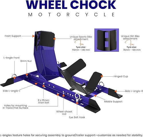 Miniatura 2 de GRAND PITSTOP Calzo de rueda universal para soporte de motocicleta para remolque, completamente ajustable, desmontable y plegable (azul)