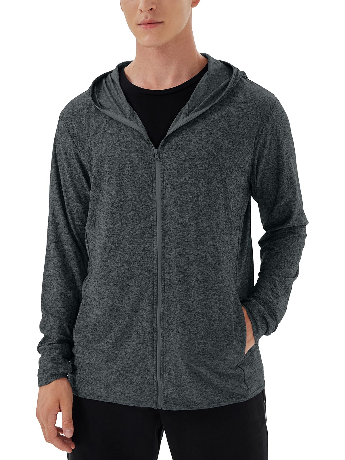 Mens UPF 50+ Dri Fit Long Sleeve Shirt Hoodie with Thumb Holes Lightweight Fishing Hiking Cooling Shirts Black-2XL-picture-40