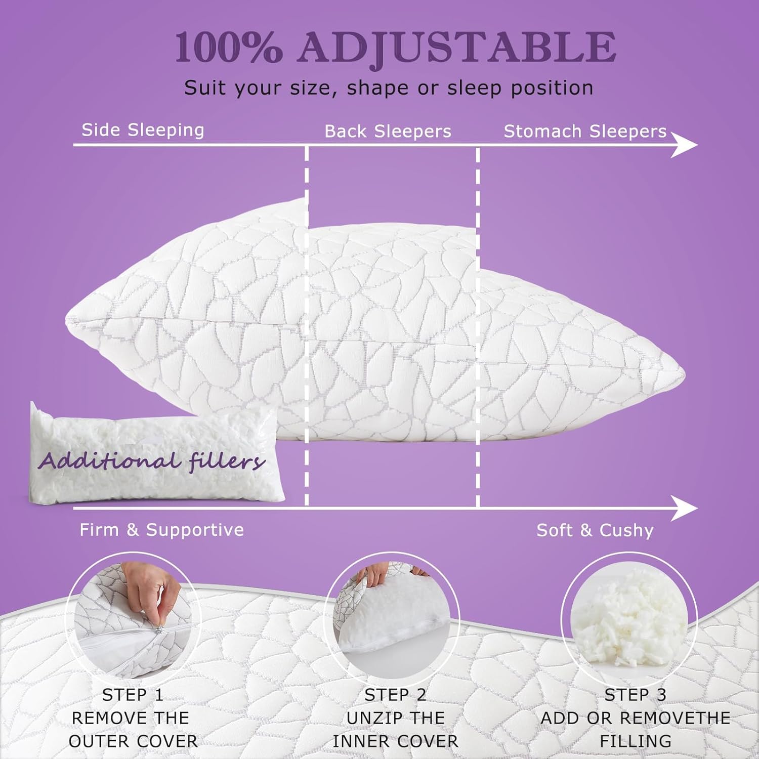 Shredded Memory Foam Pillow for Sleeping, Cooling Bed Pillows King Size Set of 2, Adjustable Soft and Firm Pillows or Side, Back, Stomach Sleepers with Washable Removable Bed Pillow Cover