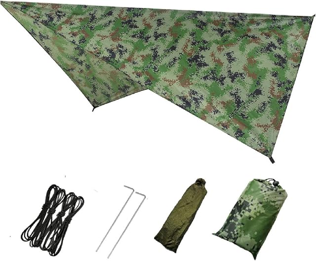 Azarxis Hammock Camping Tarp Rain Fly, Waterproof Tent Footprint Shelter Canopy Sunshade Cloth Picnic Mat for Outdoor Awning Hiking Beach Backpacking - Included Guy Lines & Stakes (Camouflage)
