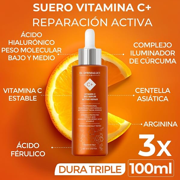 Vitamin C Facial Serum 100 ml Organic | Anti-Aging, Anti-Blemish, Brightening, Moisturizing | With Hyaluronic Acid, Ferulic Acid, Curcuma & Centella Asiatica | Dermatologically Tested, Made in Italy - 3
