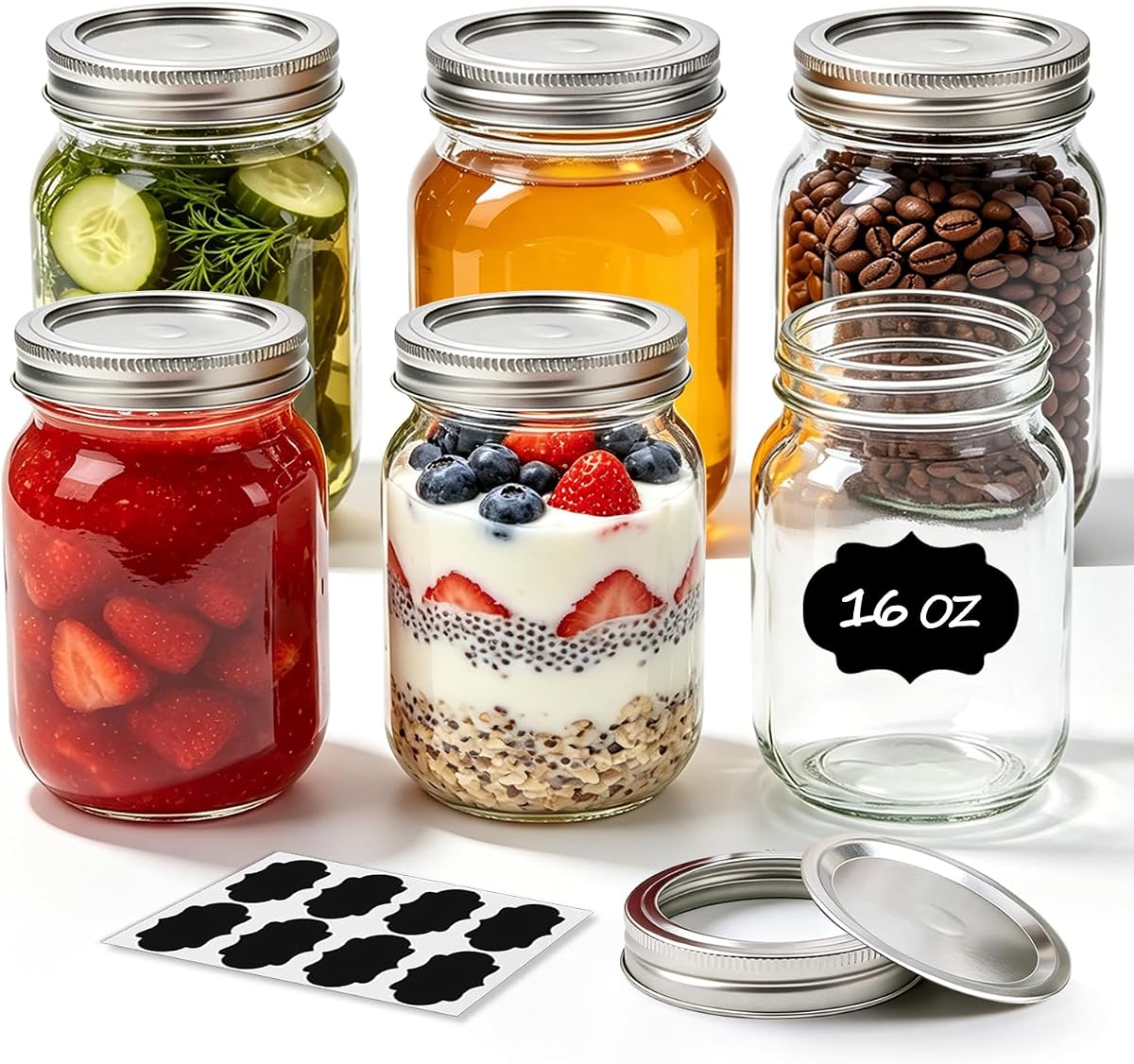 Regular Mouth Mason Jars 16 oz with Lids, 6 Pack Canning Jars | Airtight Safety-Button Lids, Food Grade Pint Size Jars, Freezer Safe Glass, incl. 8 Chalkboard Labels, BPA-Free Material