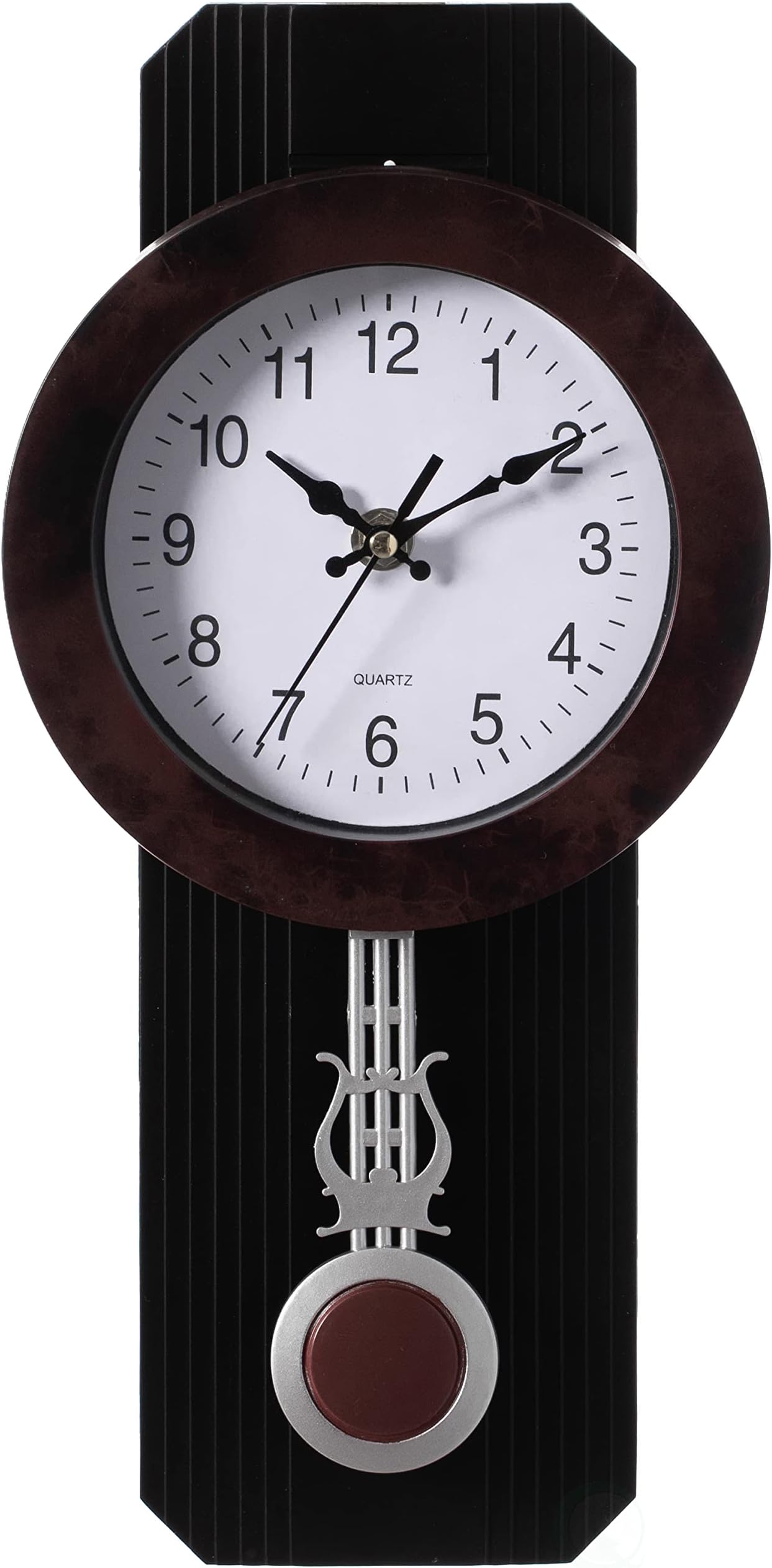Traditional Black Round Wood- Looking Pendulum Plastic Wall Clock for Living Room, Kitchen, or Dining Room