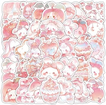 Peach Rabbit Stickers 54 Pcs Waterproof Cute Funny Animal Sticker for Laptop Water Bottle Luggage Bumper Skateboard Scrapbook Helmet Computer Cars Bicycle,Vinyl Cartoon Fruit Decals for Teens Girls