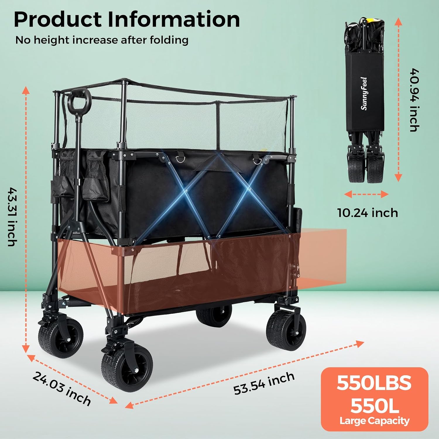 SUNNYFEEL 550L Large Capacity Folding Sports Wagon, 550LBS Heavy Duty Collapsible Cart,Extra High Extender Wagon Cart with Tailgate, All-Terrain Big Wheels for Camping Fishing & Outdoor Use，Black