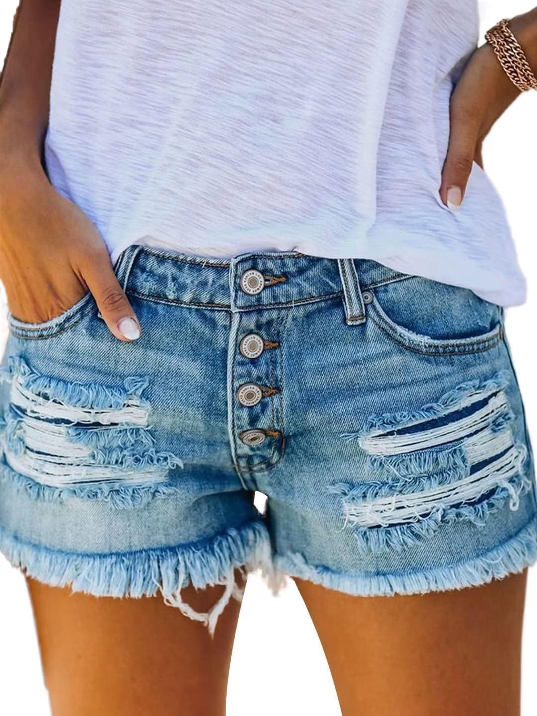 Flamingals Women's Button Fly Distressed Raw Hem Denim Shorts Low Waist Casual Shorts - Image 3