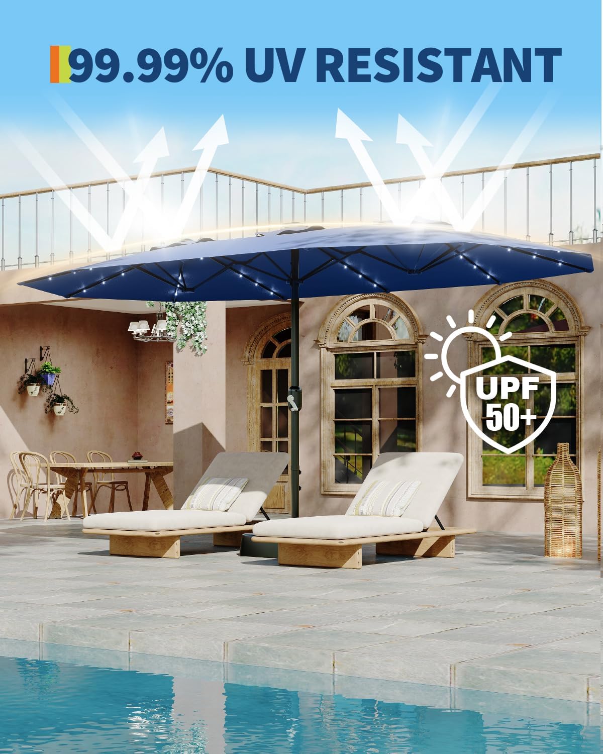 15FT Large Patio Umbrella with Base and Solar Lights, Double-Sided Rectangle Umbrella Oversized Shade for 8-10 People,36 LED Lights and Weighted Base for Pool, Deck, Backyard