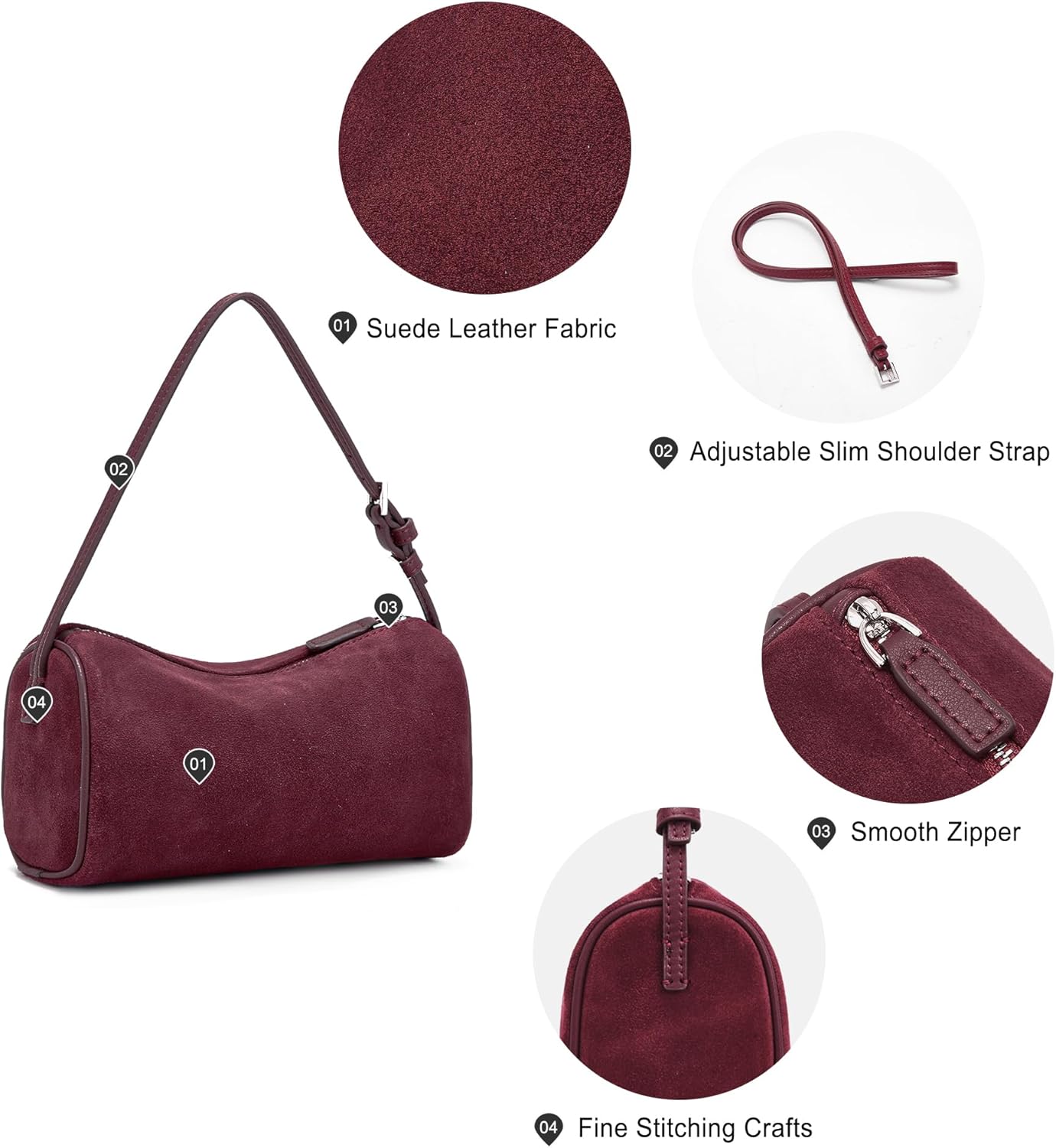 Suede Leather Crossbody Bag for Women: Small Barrel Purse for Ladies - Designer Hobo Bags Shoulder Handbags (Wine Red)