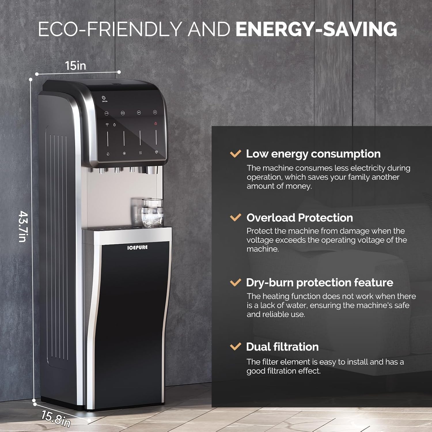 ICEPURE 6-in-1 Bottleless Water Cooler with Ice Maker with 2-Stage Filters, WiFi, Bullet and Crushed Ice, 35lbs/24H, Hot and Cold Water Dispenser Built-in Ice Machine, Child Lock, Stainless Steel