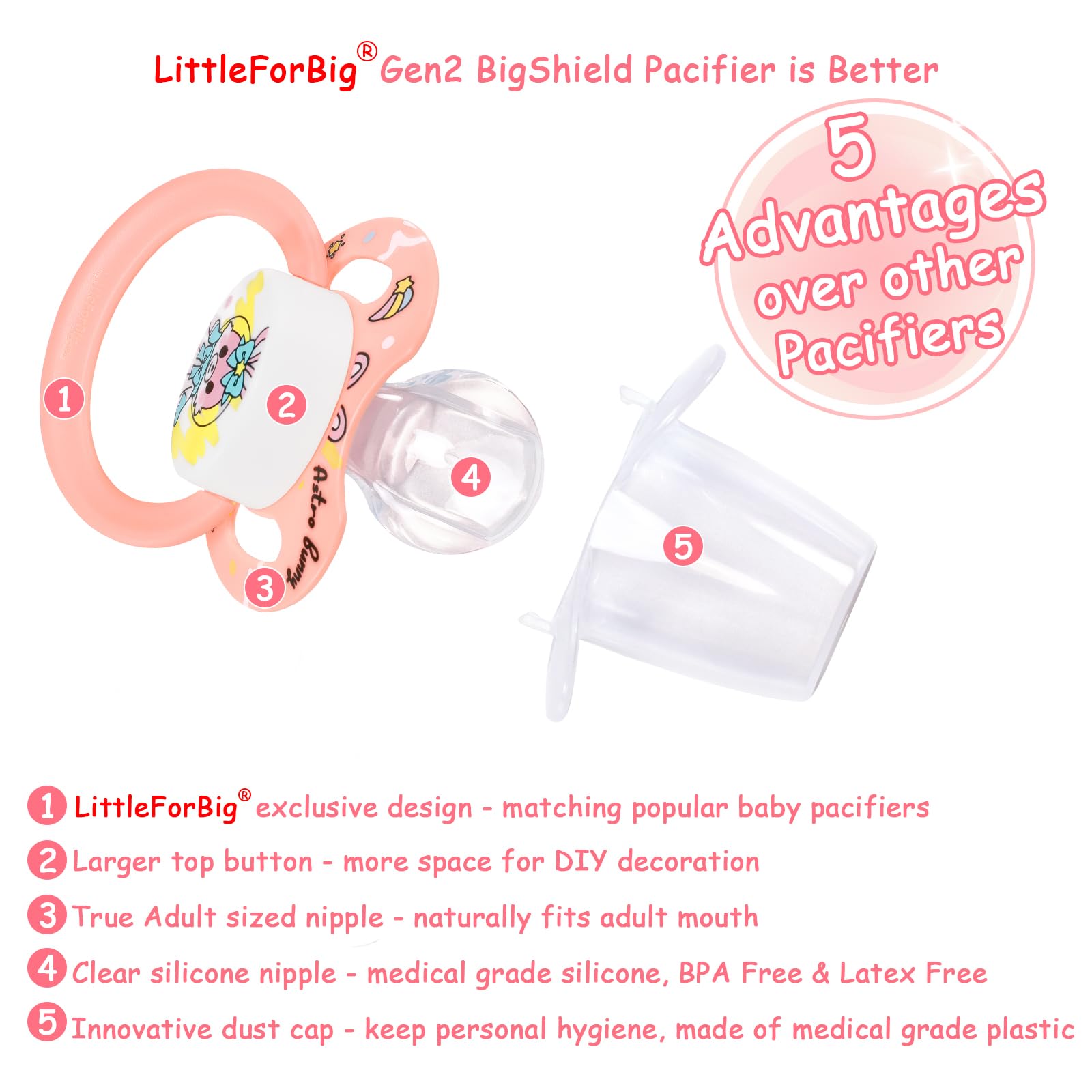 LittleForBig Bigshield Generation-II Adult Sized Pacifier Astro Babies Pink Bunny Pattern