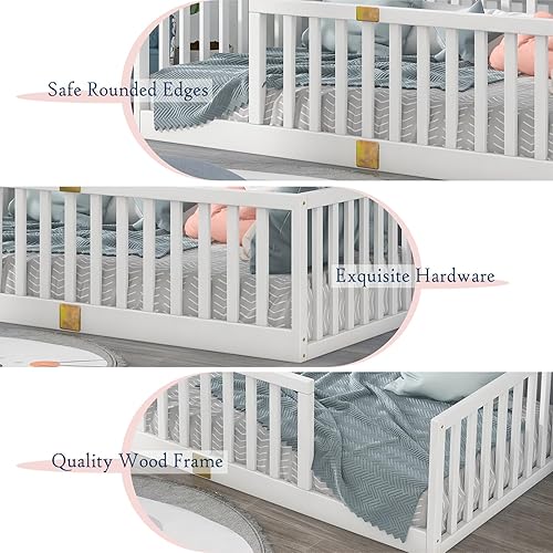 Miniatura 49 de Tatub Cama Montessori de suelo individual con rieles altos, marco de cama Montessori de madera maciza para niños, la entrada se puede instalar a