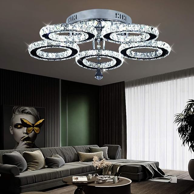 VETRULUS Modern Crystal Chandelier, Led Ceiling Light Flush Mount Stainless Steel Pendant Lights Fixtures for Dining Room Living Room (5 Rings Cool White)
