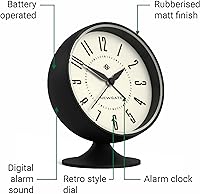 Vista 6 de NEWGATE® Reloj despertador Spheric Diseño retro icónico de cúpula Acabado de goma suave negro Ideal para mesita de noche, escritorio o estante
