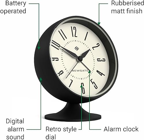 Miniatura 6 de NEWGATE Reloj despertador Spheric  Diseño retro icónico de cúpula  Acabado de goma suave negro  Ideal para mesita de noche, escritorio o estante
