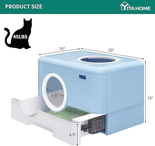 Vista 23 de YITAHOME Caja de arena grande cerrada para gatos con cojín, cajas de arena cerradas antisalpicaduras con pala de arena para entrada frontal, puerta