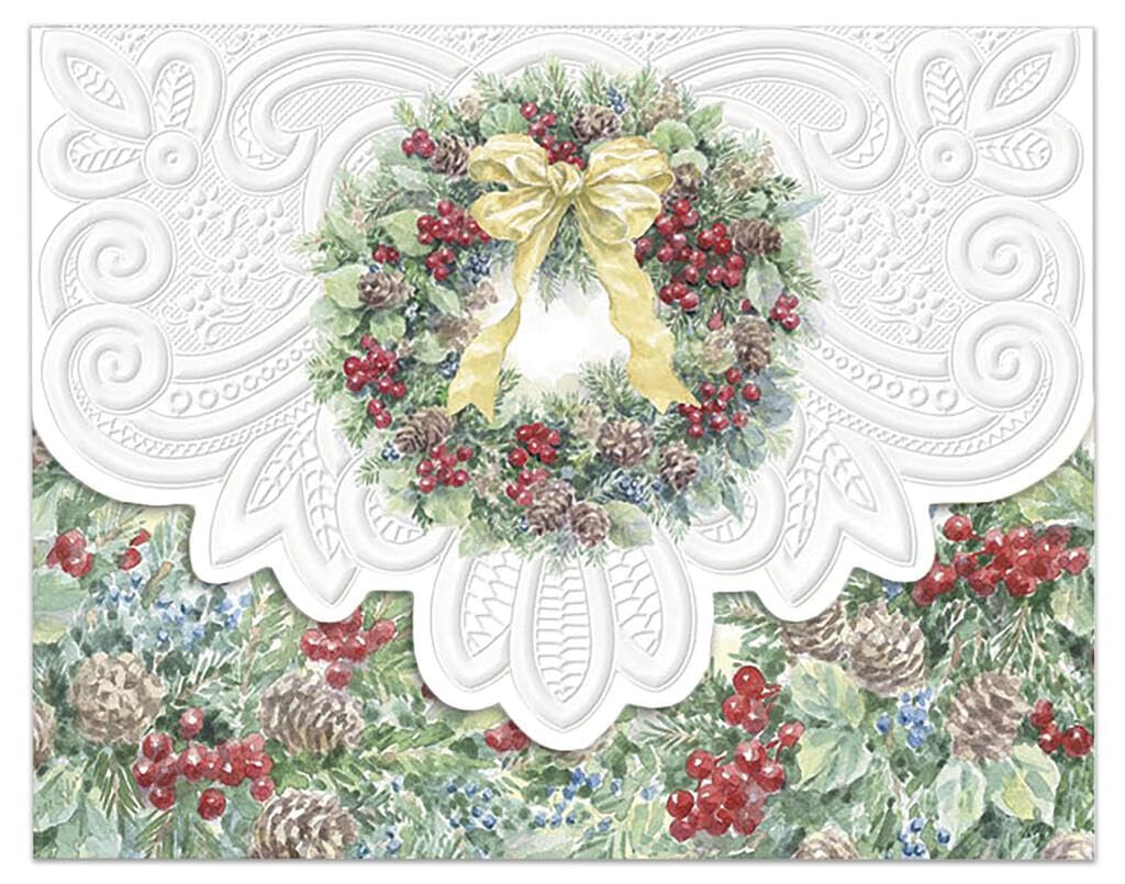 Poster Foundry Christmas Holiday Gold Bow Wreath Boxed Note Cards by Carol Wilson. 10 embossed 4x5 Die-Cut Notecards and Matching Envelopes in Decorative Gift Box with Magnetic Flap. NCPX2139