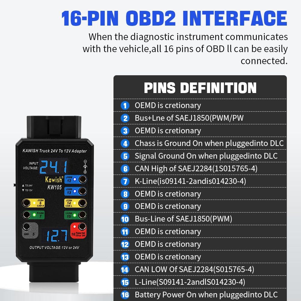 OBD2 Breakout Box, Auto OBDII Protocol Detector 16-Pin CAN Bus Test Breakout Box, 24V to 12V Heavy Duty Truck Adapter for Car ECU Tool Maintenance/Diagnosis/Programming/Coding (Breakout Box+Wire)
