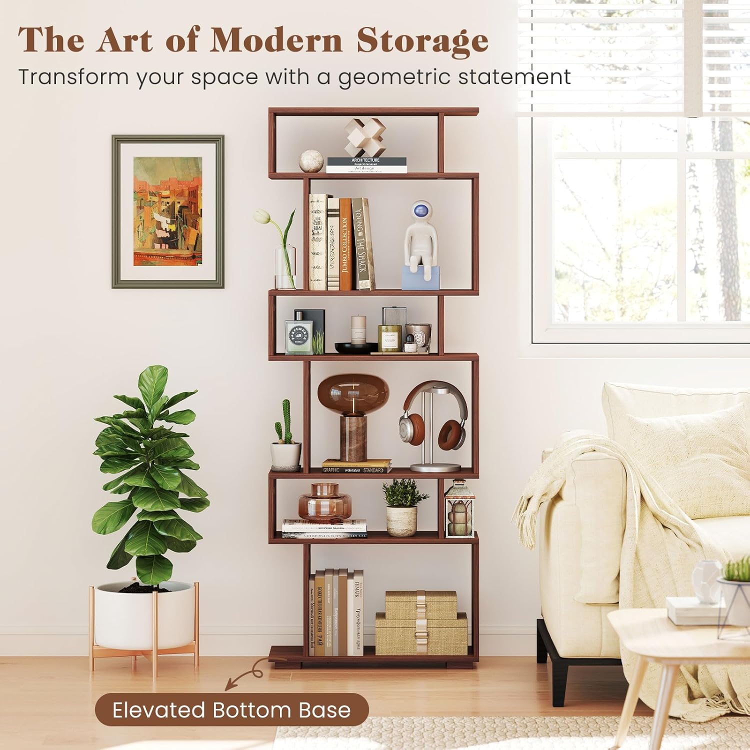 Giantex 6-Tier Geometric Bookshelf, S-Shaped Bookcase with 2 Anti-Tipping Kits, Wooden Display Shelf, Decorative Storage Shelving Unit, Home Storage Organizer for Office Living Room (1, Walnut)