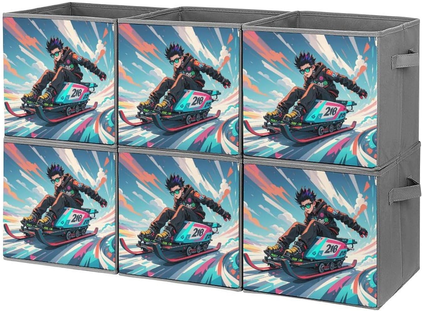 Skateboarding And Skiing Foldable Storage Box with Handles, Durable Oxford Storage Cubes, 6PCS Collapsible Closet Organizer for Home, Shelf, Office, Travel