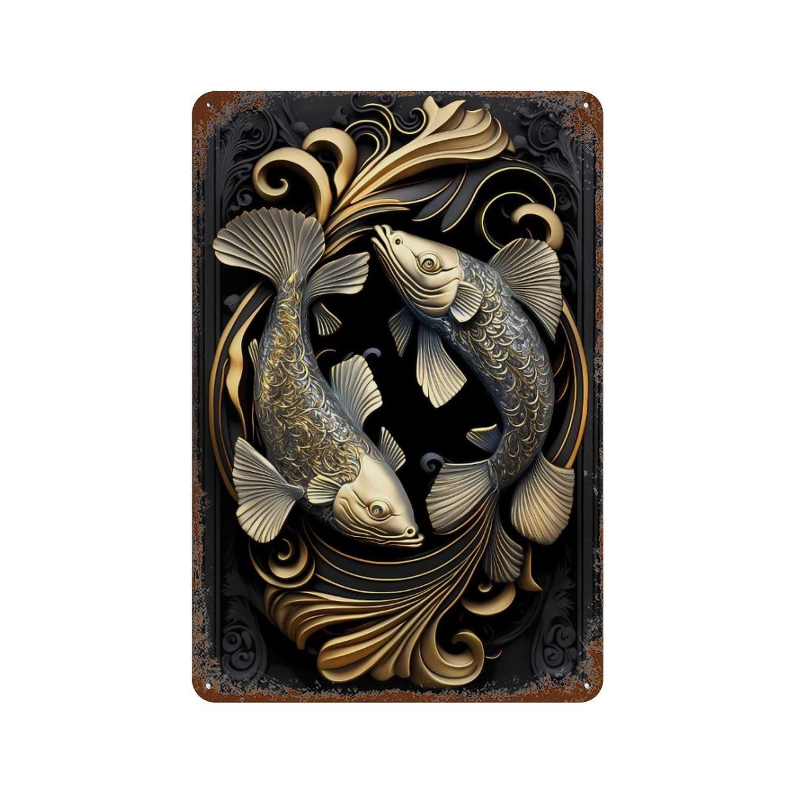 Silver Gold Koi Fish 11.8"x7.9" Distressed Metal Wall Sign, Shabby Chic Decor for Shed, Workshop And Garage Wall Decor
