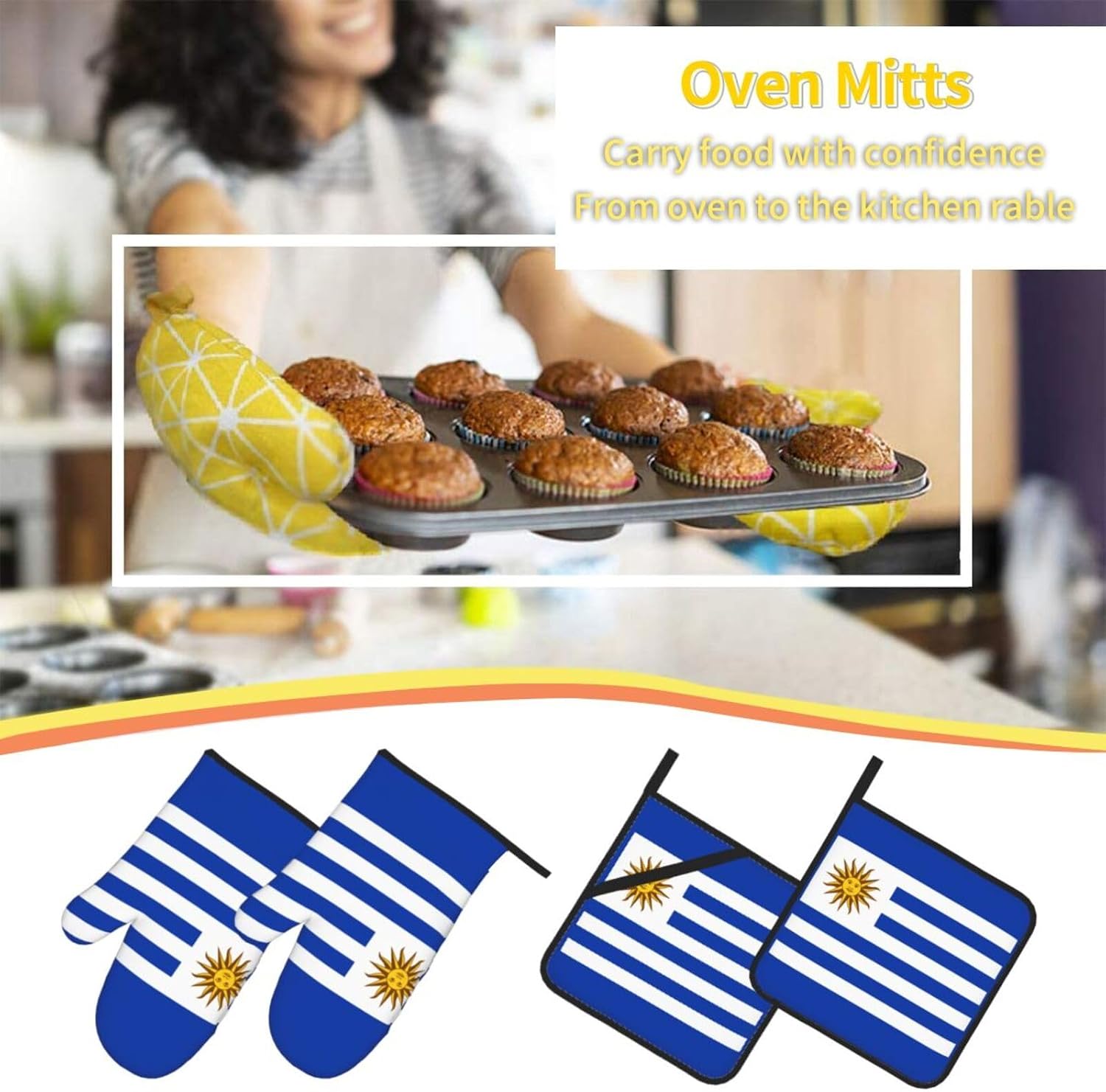 Flag of Uruguay Oven gloves and heat-resistant mat 4-piece set. Suitable for grilling, microwave oven frying, and baking
