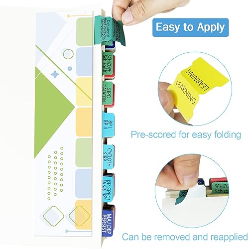 Vista 2 de Pestañas DSM-5-TR, pestañas de índice para DSM-V-TR 2022, codificadas por colores y laminadas, 100 pestañas en total, con guía de alineación