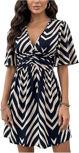 winkbay Women's Summer Geo Print Deep V Neck Boho Ruched Mini Dresses