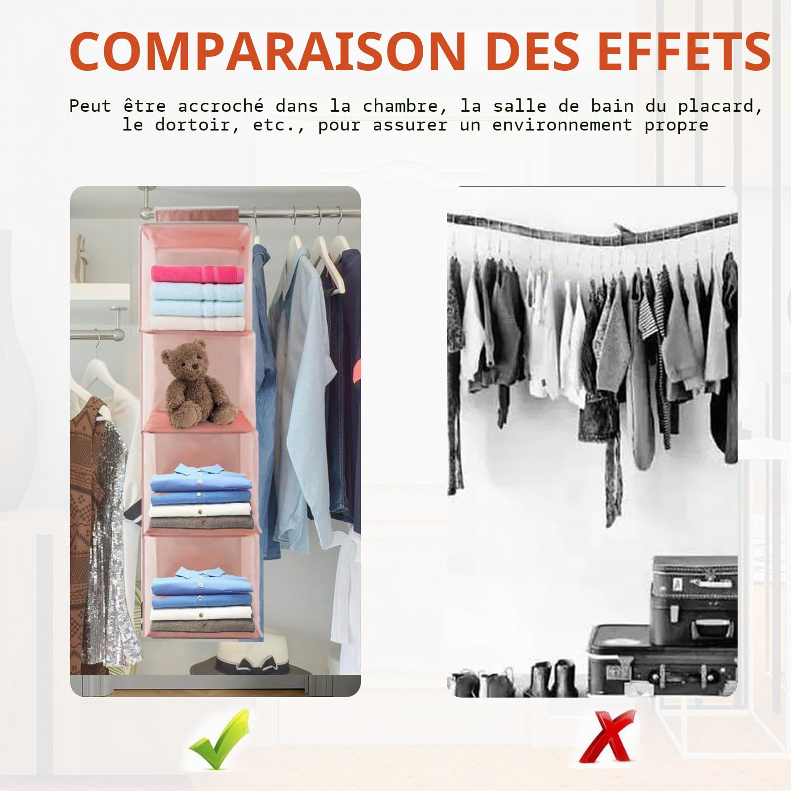 Lot de 2 étagères suspendues pour penderie, 4 Compartiments, avec 12 Poches latérales en Filet pour Armoire familiale, Chambre à Coucher, Pliables et Coupe Universelle (Gris et Rose)