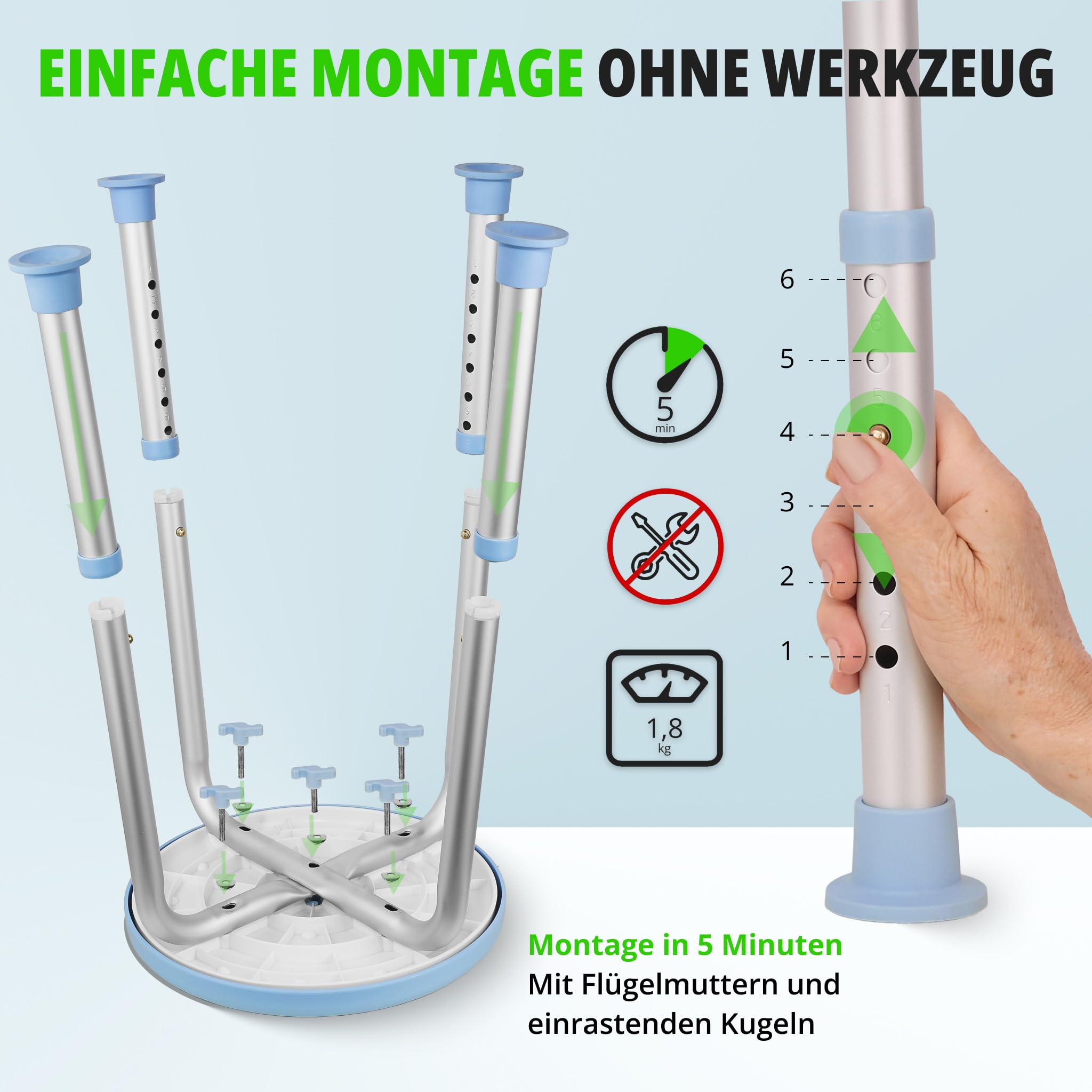 Duschhocker 360° extra leichtgängige Drehung, Medizinprodukt Klasse I, Stilvoller Duschstuhl 6-fach höhenverstellbar. Hygienischer Badsitz komplett abgedeckt. Bis 136 kg. Rutschfeste Gummifüße