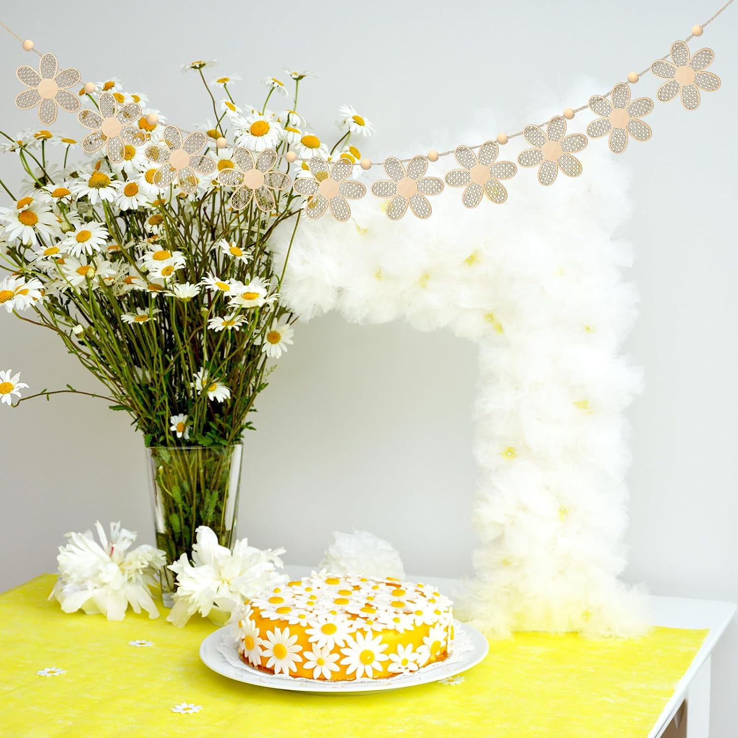 Boho Rattan Daisy Wooden Garland Watercolor Banner Cute Beads Hanging Garland Rustic Farmhouse Spring Decor for Festive Party Office School Supplies