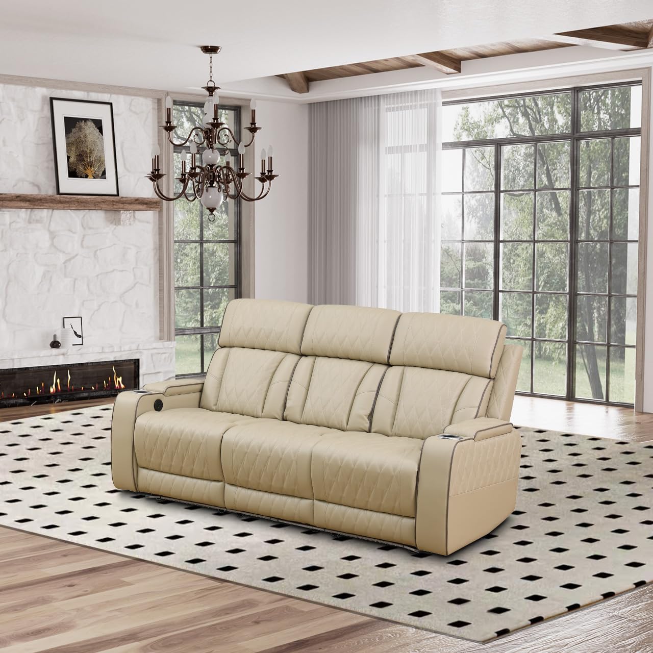 Power Recliner Sofa Set, Breathable Leather Couch Reclining Living Room Sectional Sofa, Recliner Sectional Sofa Set with Cup Holders/Storage Console/USB Ports (Khaki)