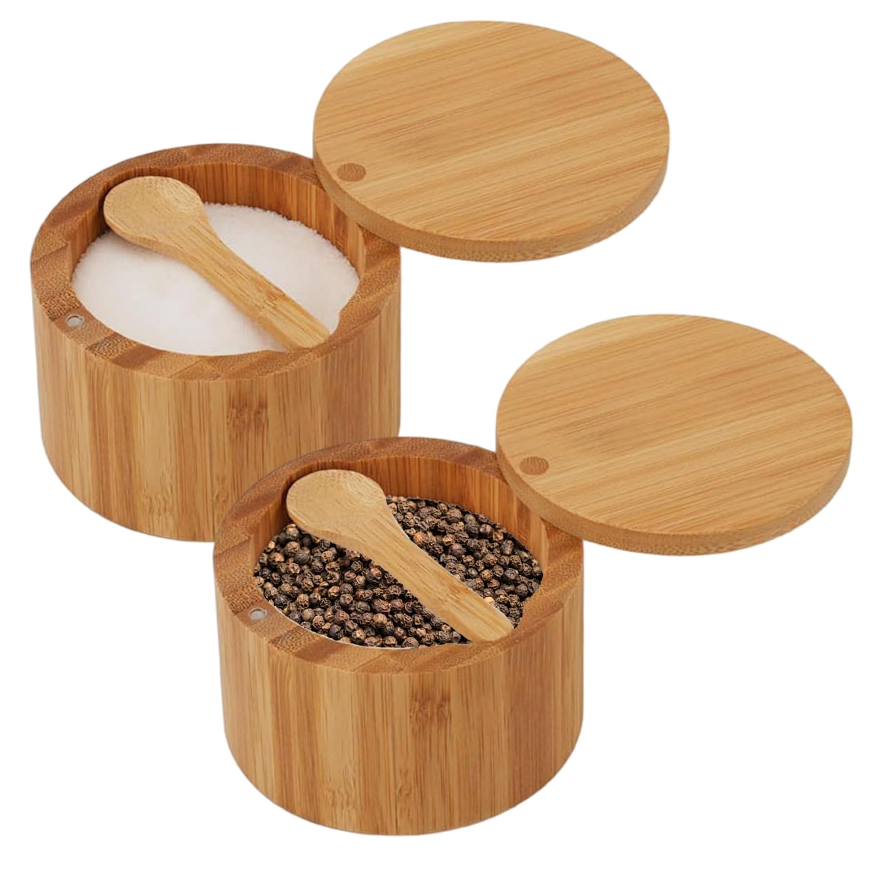 Hperu Salt and Pepper Bowls, 2Pcs Bamboo Salt and Pepper Containers with Swivel Lid & Built-In Spoon, Round Storage Box for Sugar Herbs Spice