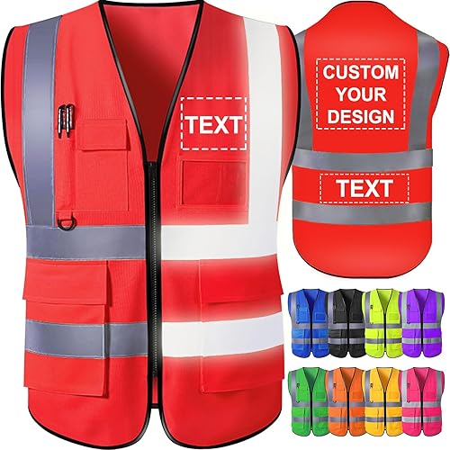 Miniatura 10 de Chaleco de seguridad personalizado para hombres con bolsillos de logotipo, chalecos reflectantes de alta visibilidad, ropa de trabajo de seguridad
