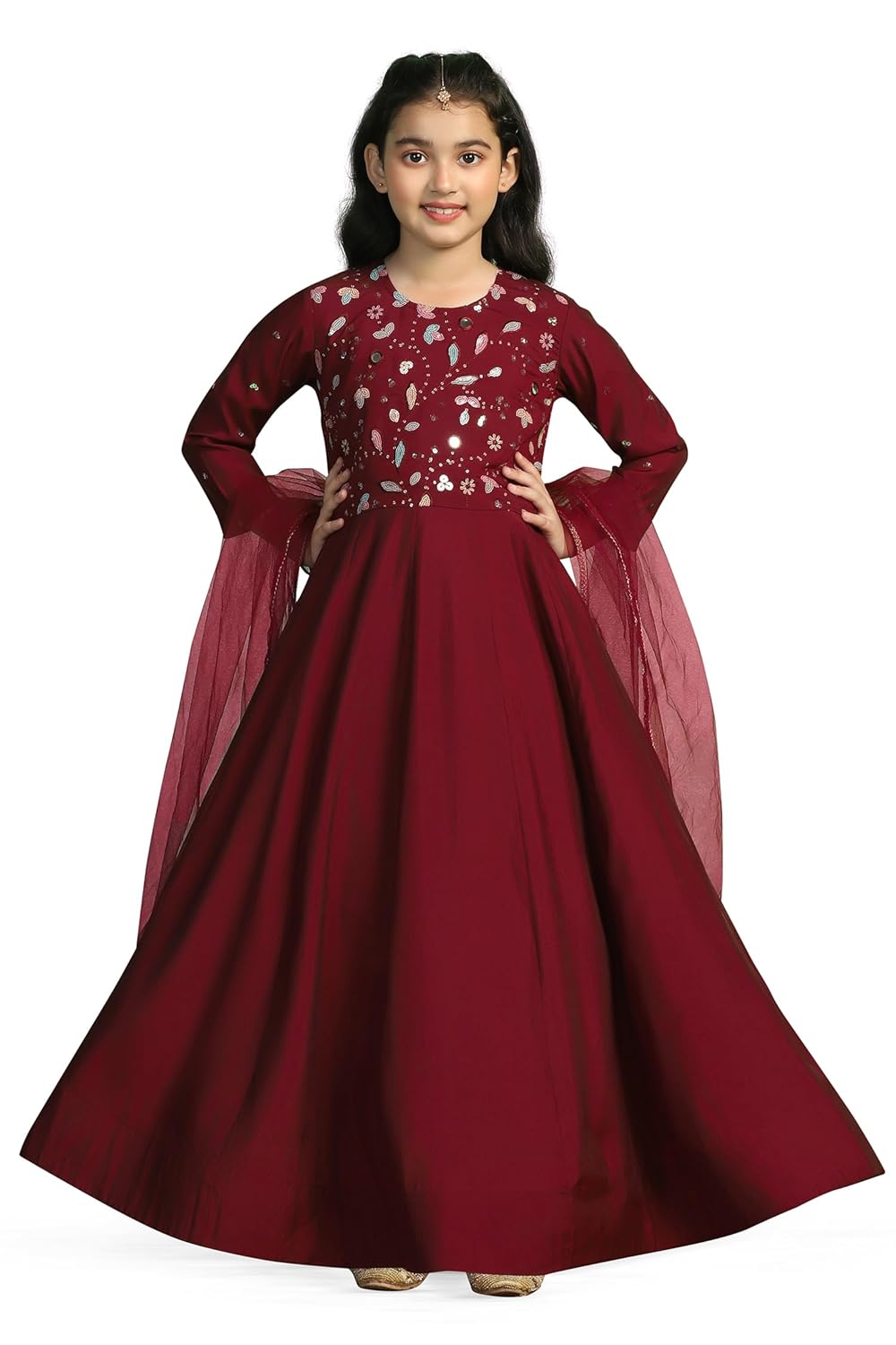 Fashion Dream Girl’s Embroidered Maxi Dress with Dupatta|Ethnic Dress for Girls|Maxi Length Dress with Dupatta|Embroidered Dress|Long Dresses