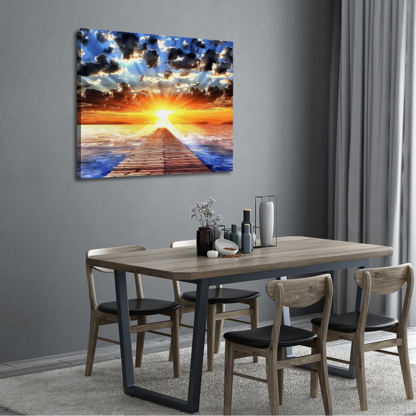 OSHIONARTE Ozean Pier Sonnenaufgang gerahmt Wandkunst Dekor Meer Landschaft Malerei Sonnenuntergang Leinwand Bild für Küche Büro Zuhause Wanddekoration 35x45cm Innenrahmen