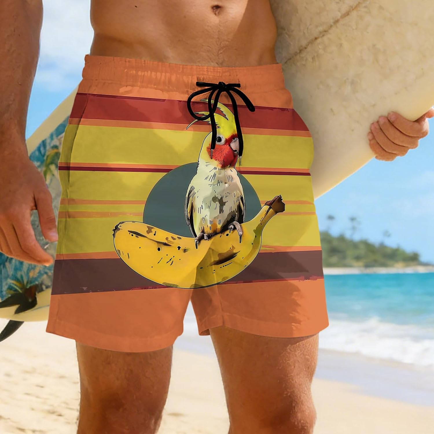 Mens Elastic Waist Bathing Short - Funny Printed Swim Shorts for Beach, Double Pocket Design, Comfort Summer Trunks