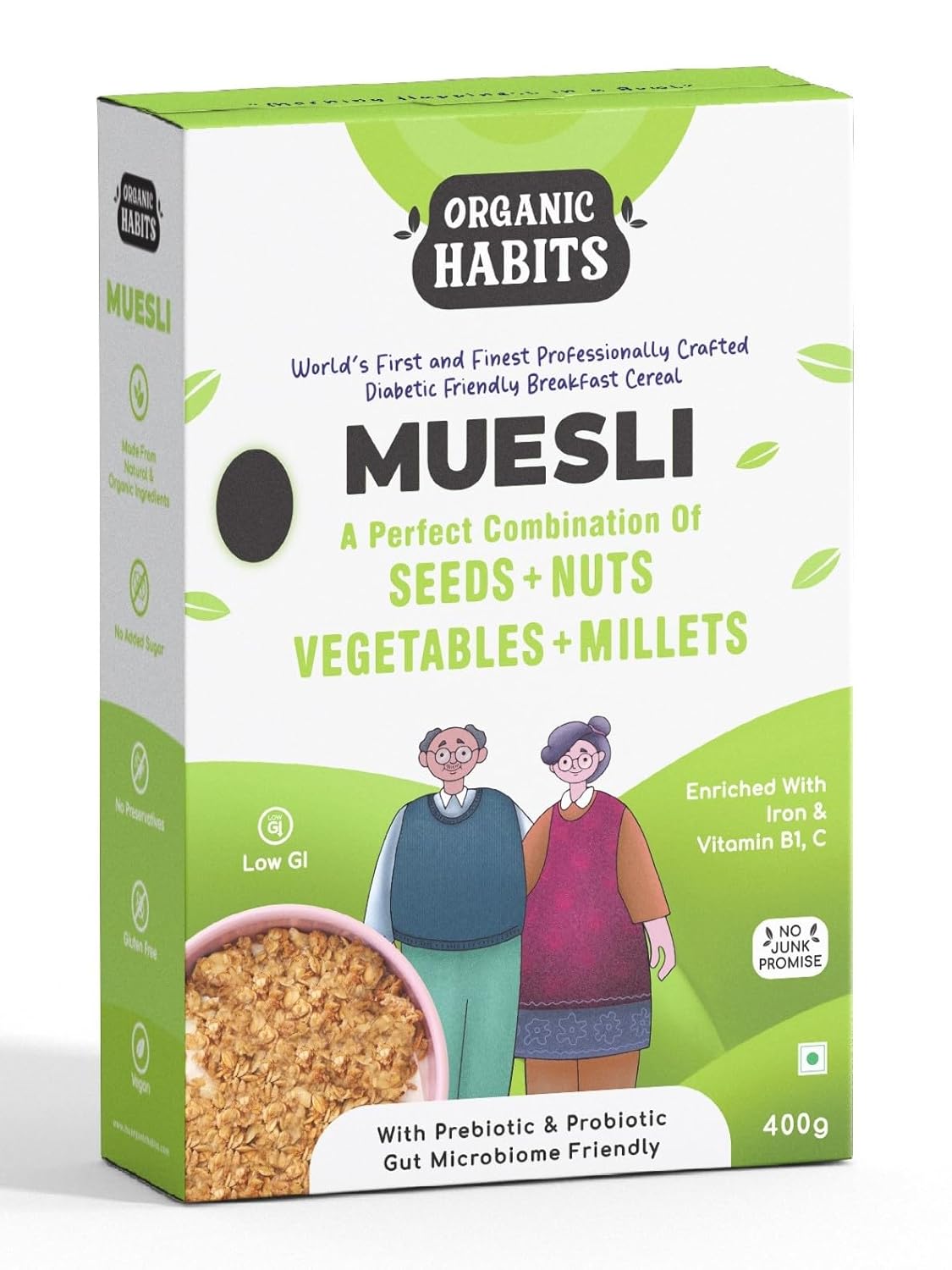 ORGANIC HABITS Muesli, Diabetic Friendly Breakfast Cereal with Probiotics & Prebiotics Seeds
