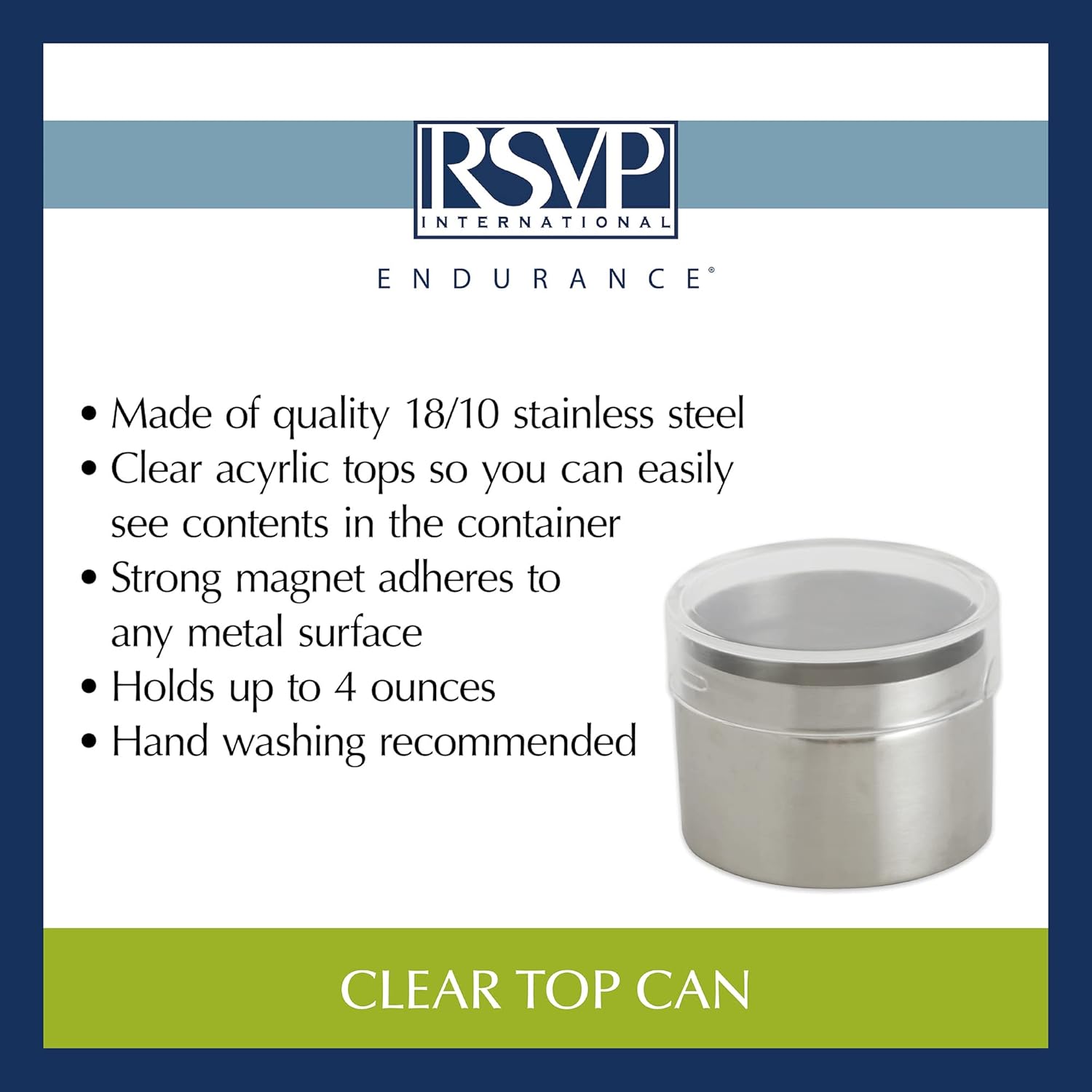 RSVP International Endurance Collection Small Stackable Metal Tins with Clear Lids, Brushed Stainless Steel, Magnetic Base, 2.5" Diameter x 2" Tall, 4 Fl Oz Capacity