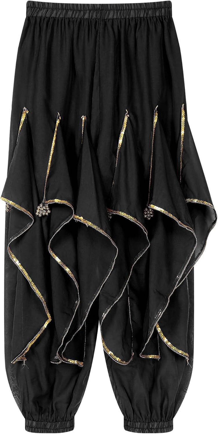 Women's Belly Dance Costume Ruffle Dance Harem Pants Tribal Arabic Halloween Pants with Gold Trim