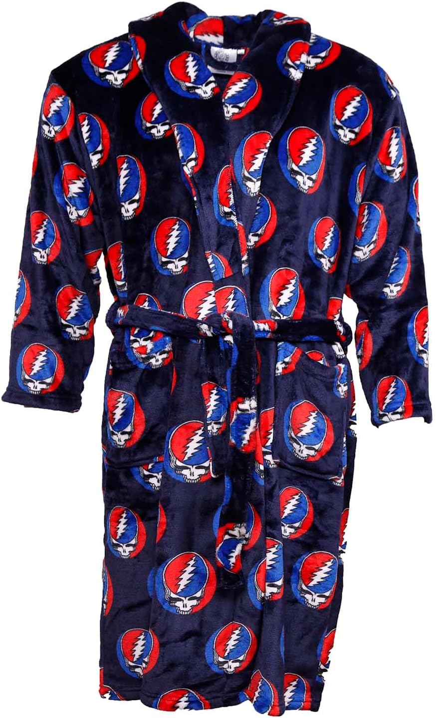 Grateful Dead Steal Your Face Fleece Robe – Official Licensed Cozy Bathrobe for Deadheads, Navy Blue