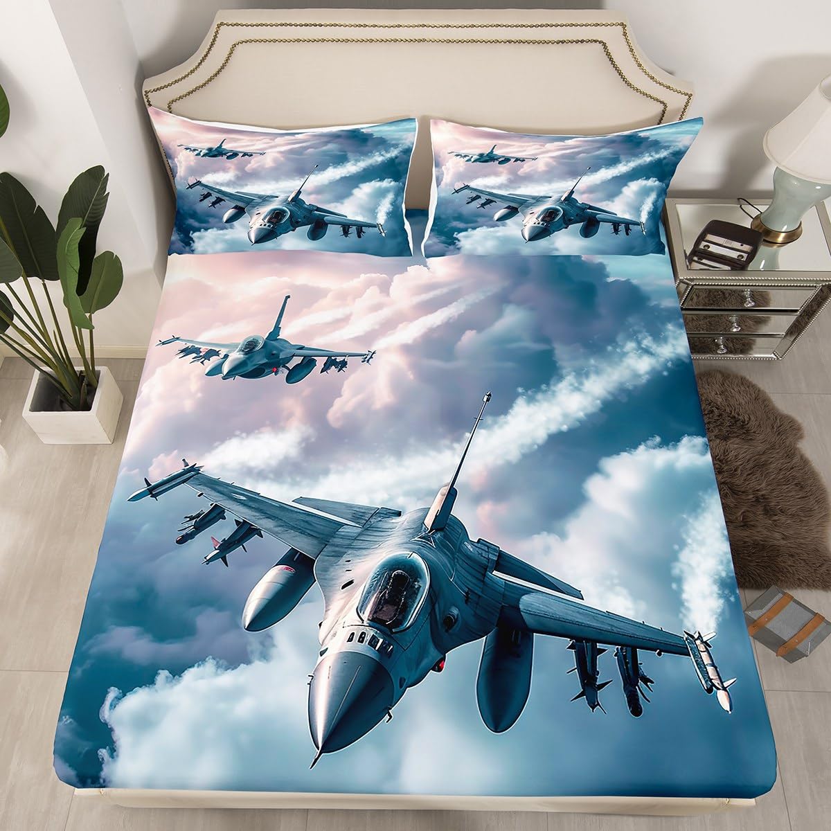 Aircraft Boys Sheet Set 3D Airplane Fighter Plane Bedding Set Blue Gray Cloud Bed Sheets for Boys Bedroom Sky Planes Bed Set (Twin Flat Sheet & Fitted Sheet with 1 Pillow Case)
