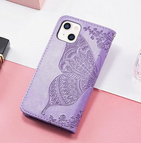 Miniatura 8 de KRHGEIK Funda diseñada para iPhone 13 para mujer, funda tipo libro con diseño de mariposa en relieve de piel sintética, soporte para tarjetas,