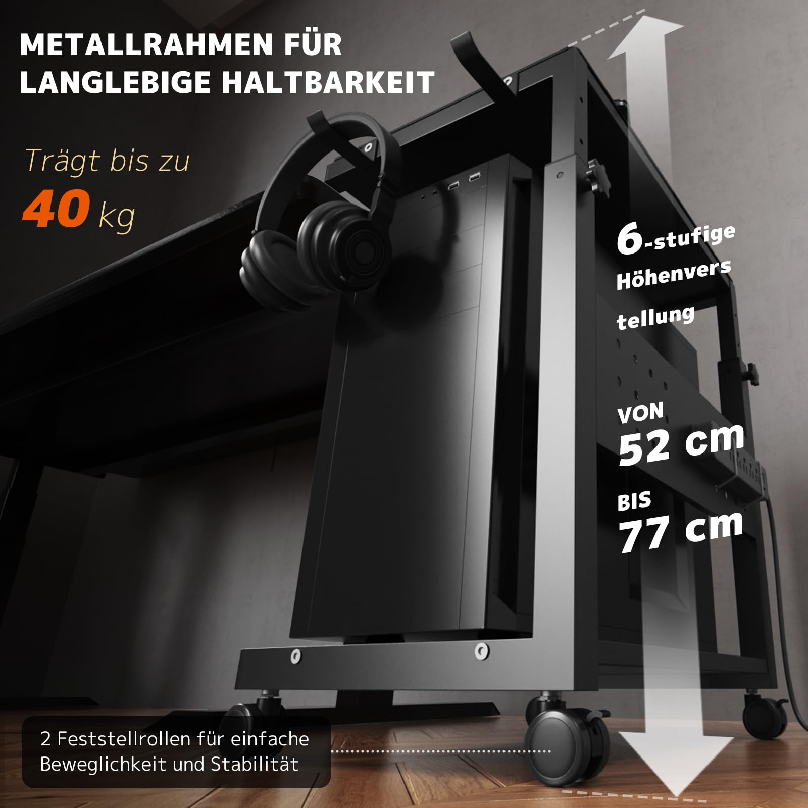 PUTORSEN Höhenverstellbarer PC Tower Ständer mit 2 Ebenen,Computer Tower Ständer mit Rollen und Maus Pad,PC Halterung unter Schreibtisch,ATX-Gehäuse bis 40kg/Ebene,Druckerständer für Heimbüro,Schwarz