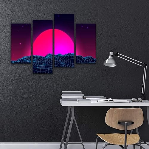 Miniatura 4 de IGOONE 4 paneles de pinturas en lienzo  paisaje de fondo de alambre de los años 80 estilo retro de onda ciencia ficción  arte de pared moderno