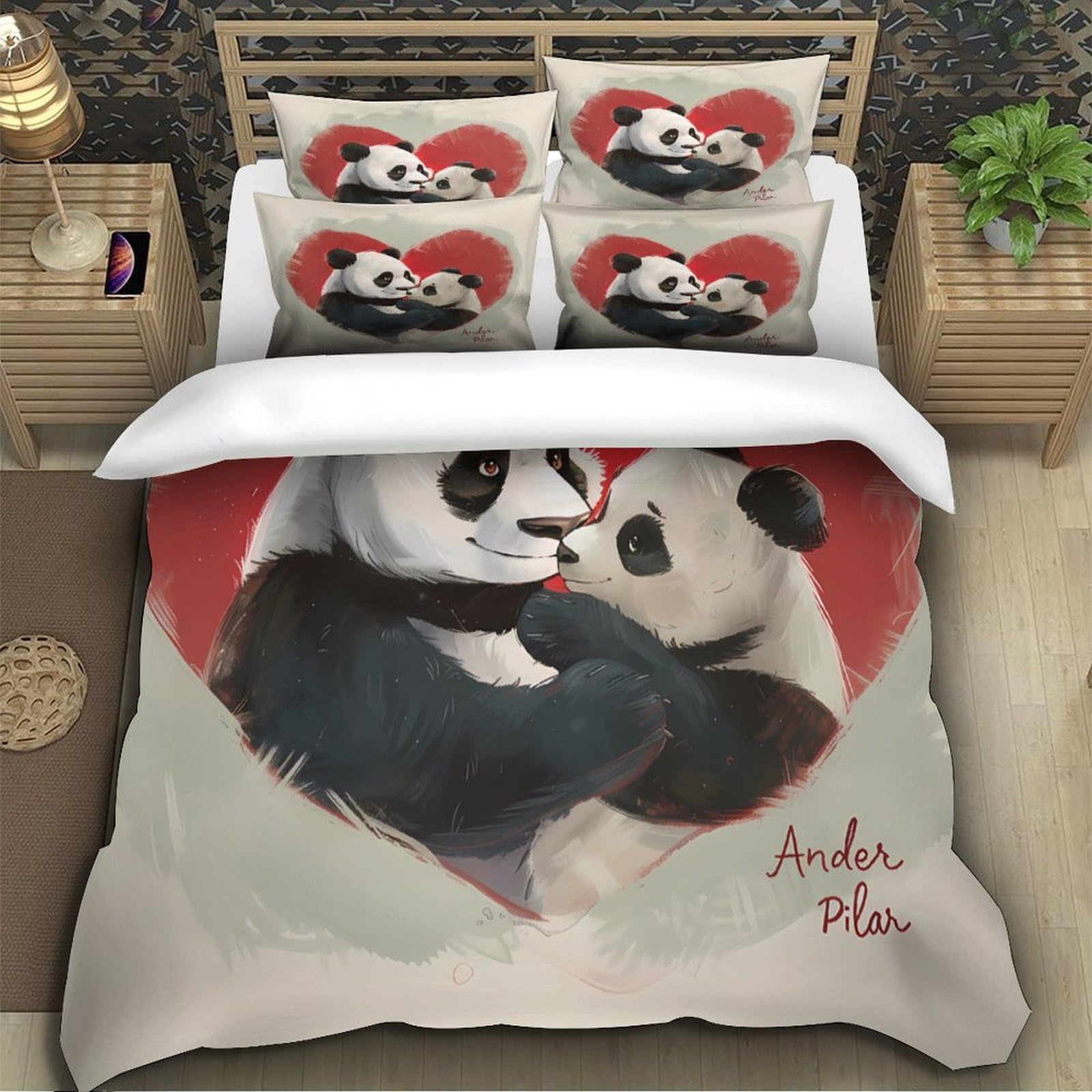 Panda-Pärchen umarmt Bettbezug Weich Reißverschluss Hautfreundlich Schlafkomfort Bettdeckenbezug 3D Gedruckt 3 Teilig Mikrofaser mit Kissenbezug Kuschelig for Teen Jungen & Männer