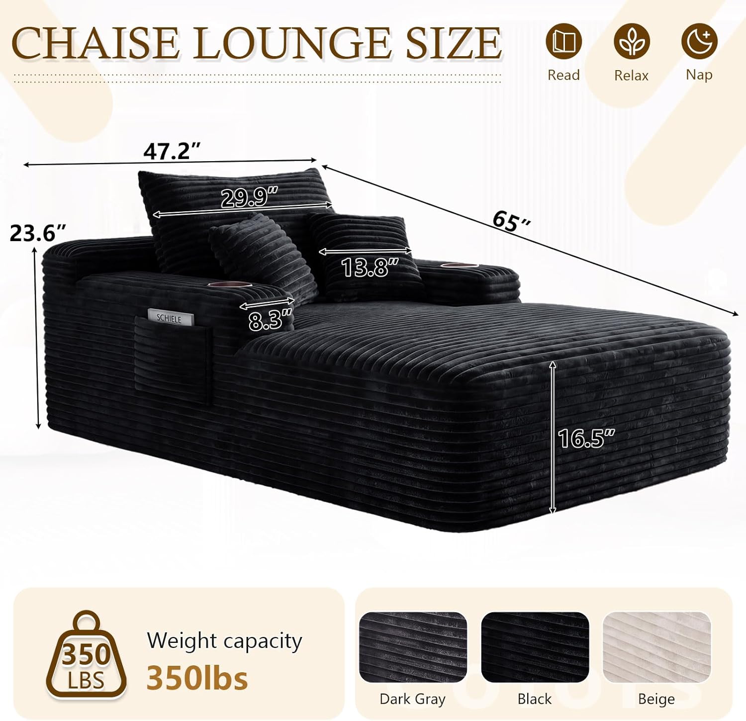 65" Oversized Chaise Lounge Chair Indoor, Boneless Cloud Couch Chair with Wide Armrest Pillows Side Pockets Cup Holders, Comfy Corduroy Sofa Bed Sleeper Couch for Living Room No Assembly Require,Black