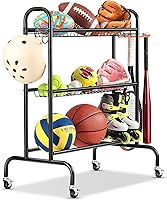 EXTCCT 4-Tier Rolling Basketball Rack with Wheels, Hooks & Baskets - Stores 16 Basketballs, Footballs, Volleyballs & Gear