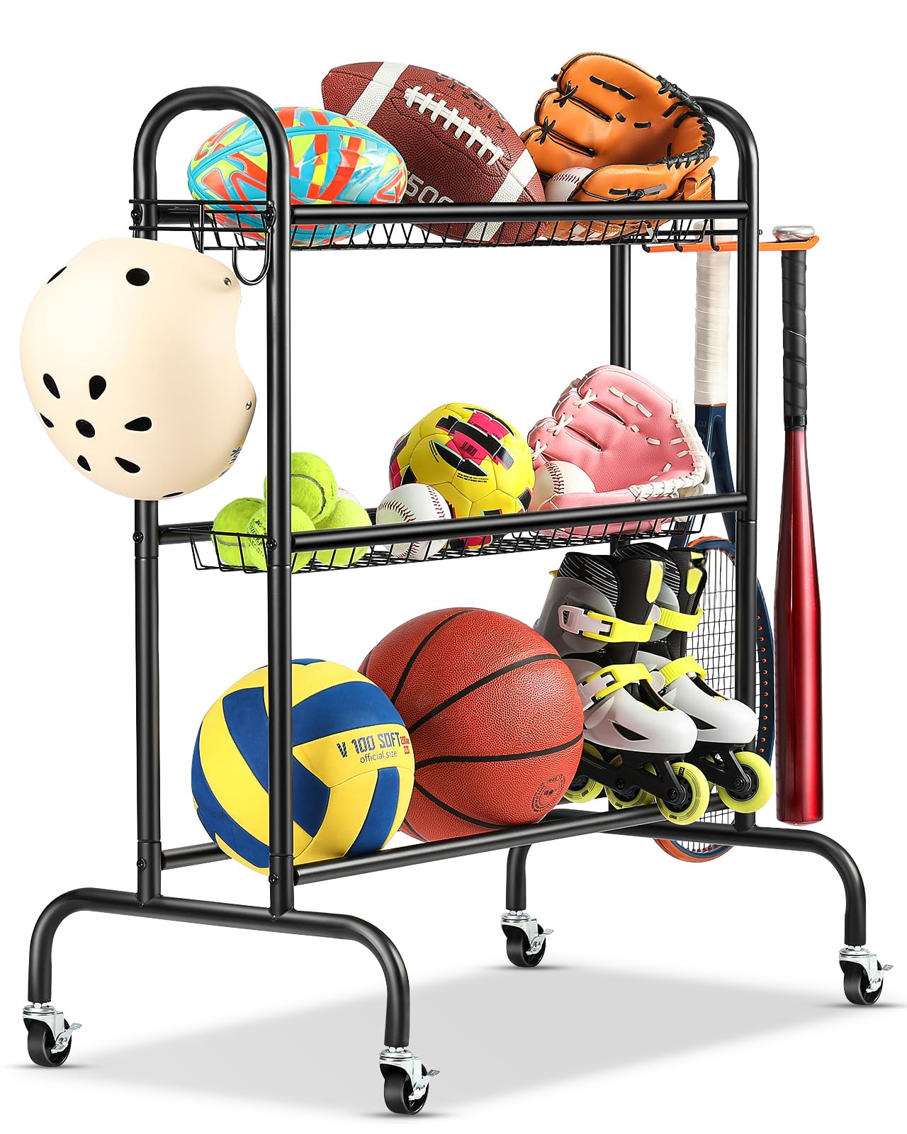 EXTCCT Ball Storage Rack, 3-Layer Small Ball Rack Ball Storage For Garage, Outdoor Rolling Ball Cart with Wheels, Two Basket for Basketballs Footballs Volleyball